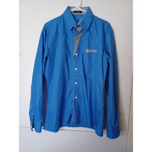 Xi Deng Button Up Long Sleeve Mens Blue Shirt Size Large